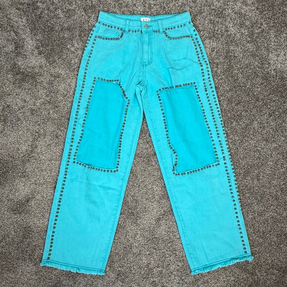 POL NWOT Women's Size Medium 28 Loose Fit Turquoise Cutout Studded Jeans Boho - Picture 1 of 13